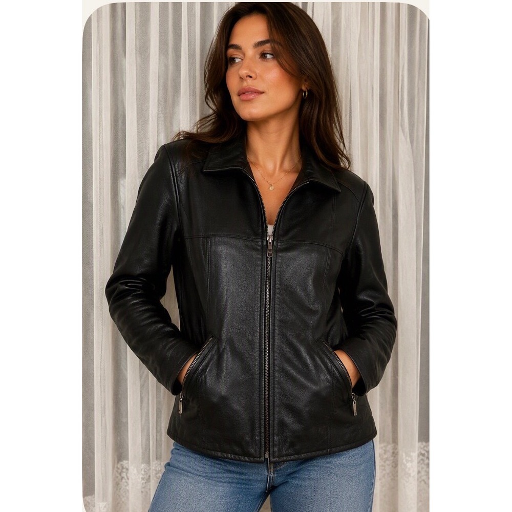 Middlebrook Park Black Genuine Leather Zip Up Quilted Lined Jacket Womens PL